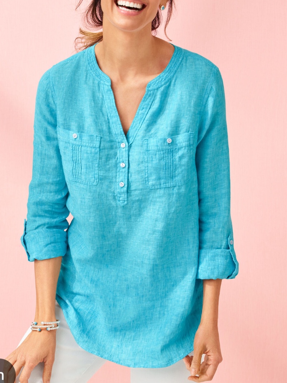 TALBOTS SP 100% Linen Pintuck Popover TUNIC SHIRT Cross Dyed Icy Blue  S Petite